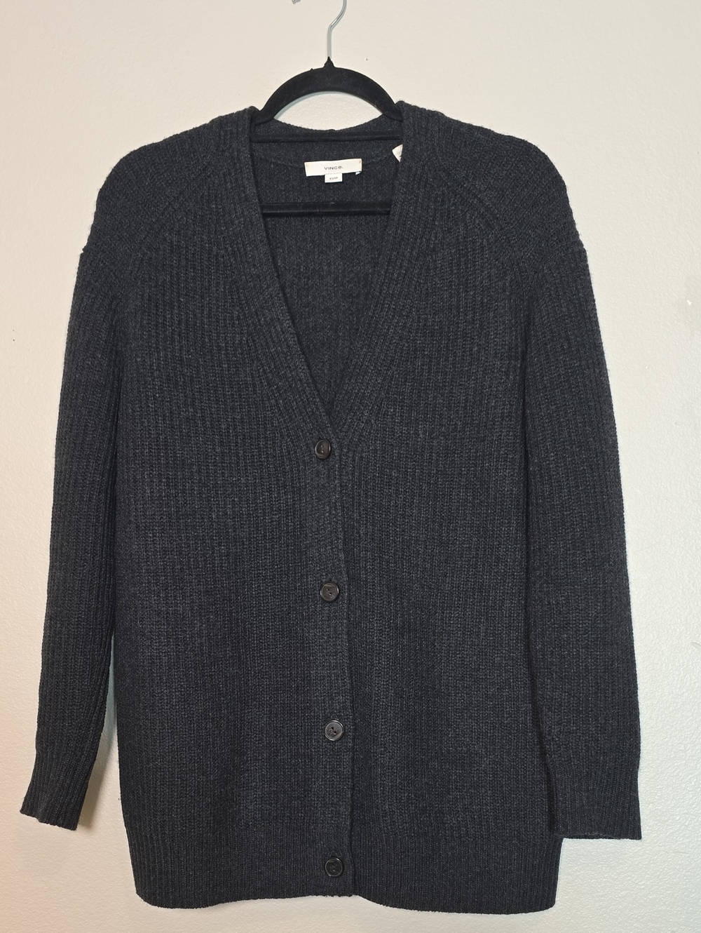 Vince Charcoal Ribbed Wool- Cashmere Blend Button Front Cardigan Size XS